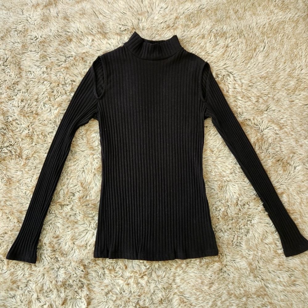 Solemio Los Angeles Mock Neck‎ Ribbed Long Sleeve Sweater Black Size Medium